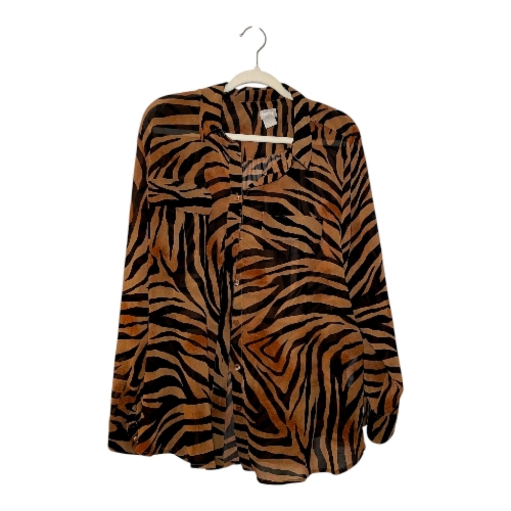 Women's Chico's Long Sleeve Tiger Print Button Up Blouse Size: 3 XL 16/18